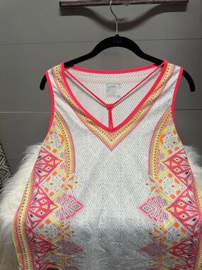 Lucky in Love White Mesh Tank with Neon Pink Trim and Yellow Accents